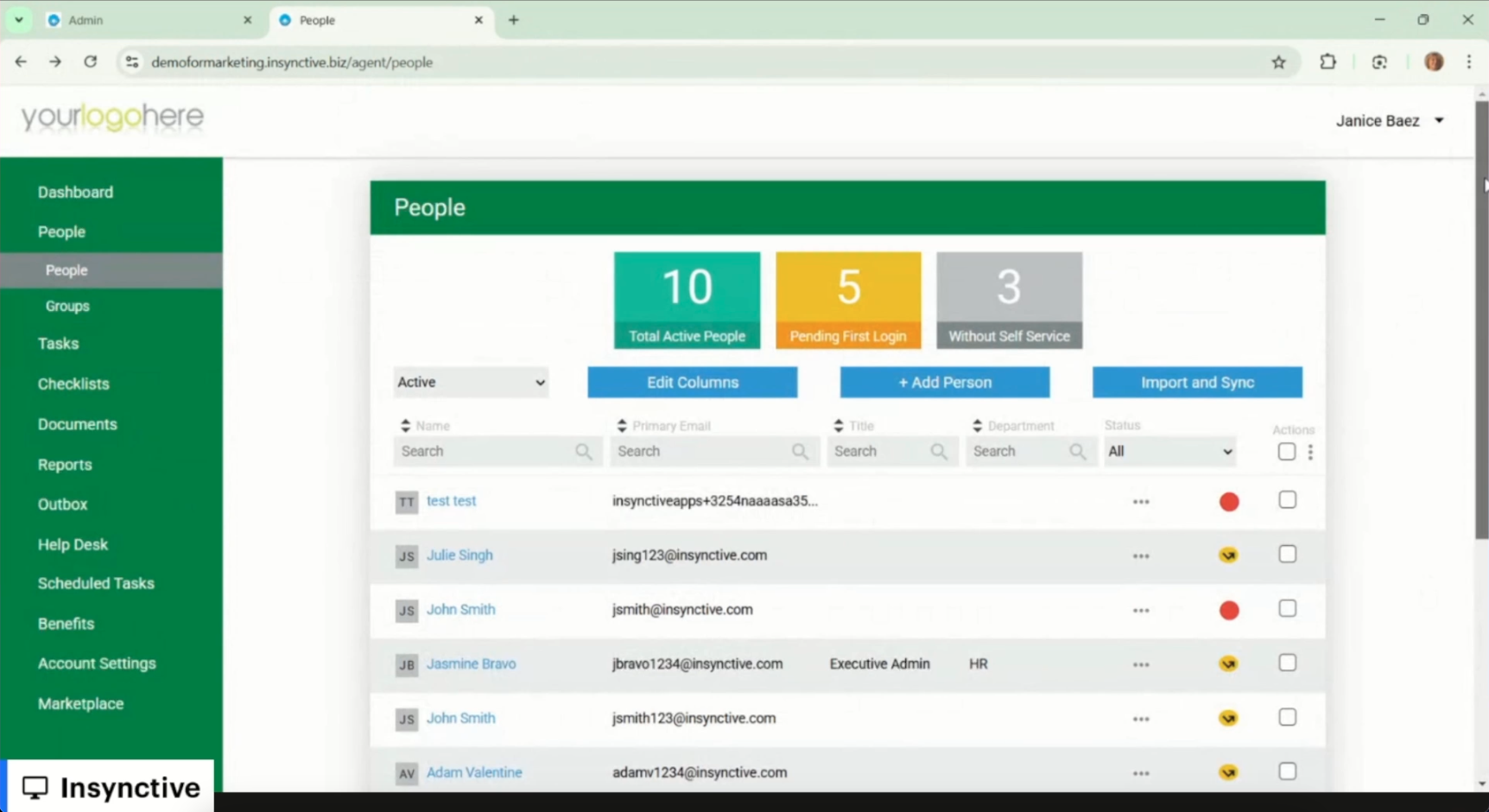Insynctive People console showing every employer group's employees in one searchable list with status, email, title, and department columns
